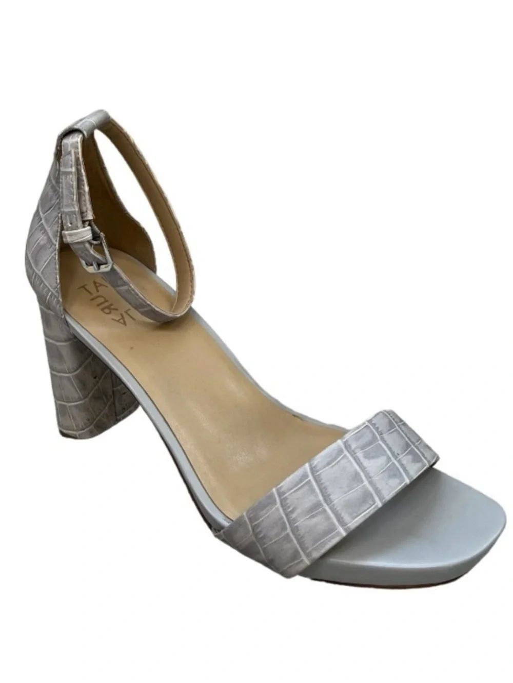 Naturalizer Joy Icy Gray Croc Embossed Leather Ankle Strap Block Heels Size 9.5W